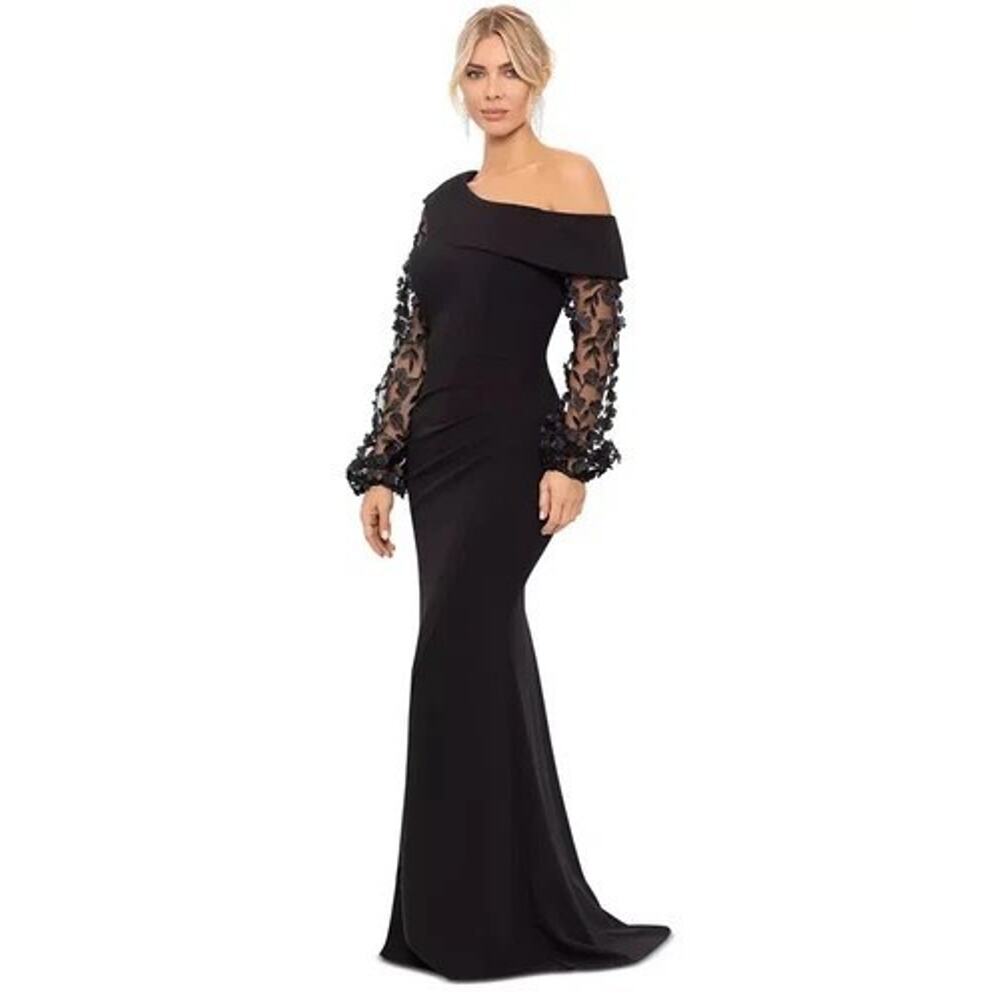 Xscape Black Floral Applique Long Sleeve Scuba Crepe Gown Size 12 $298 - Picture 13 of 13